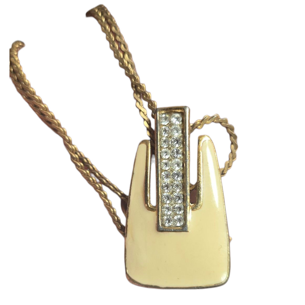 Vintage BJC Signed Enamel and rhinestone pendant on gold toned 10" chain